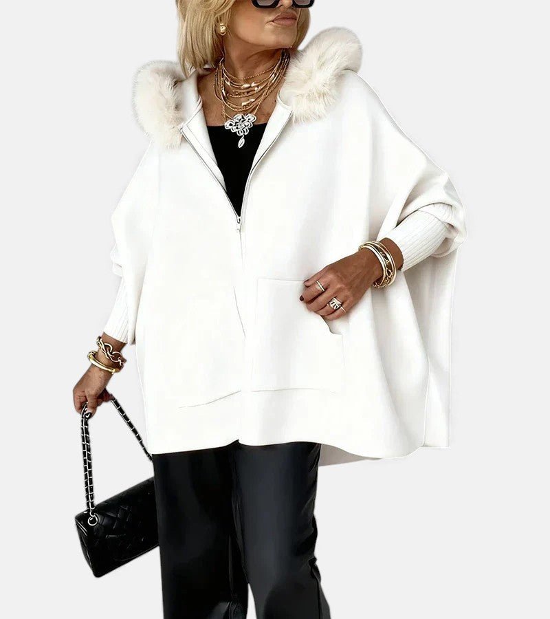 Women's Oversized Cape Hooded Faux Fur Wool Coat - White