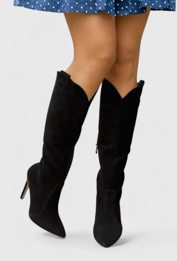 Women's Leather Knee-High Stiletto Boots - Black Suede