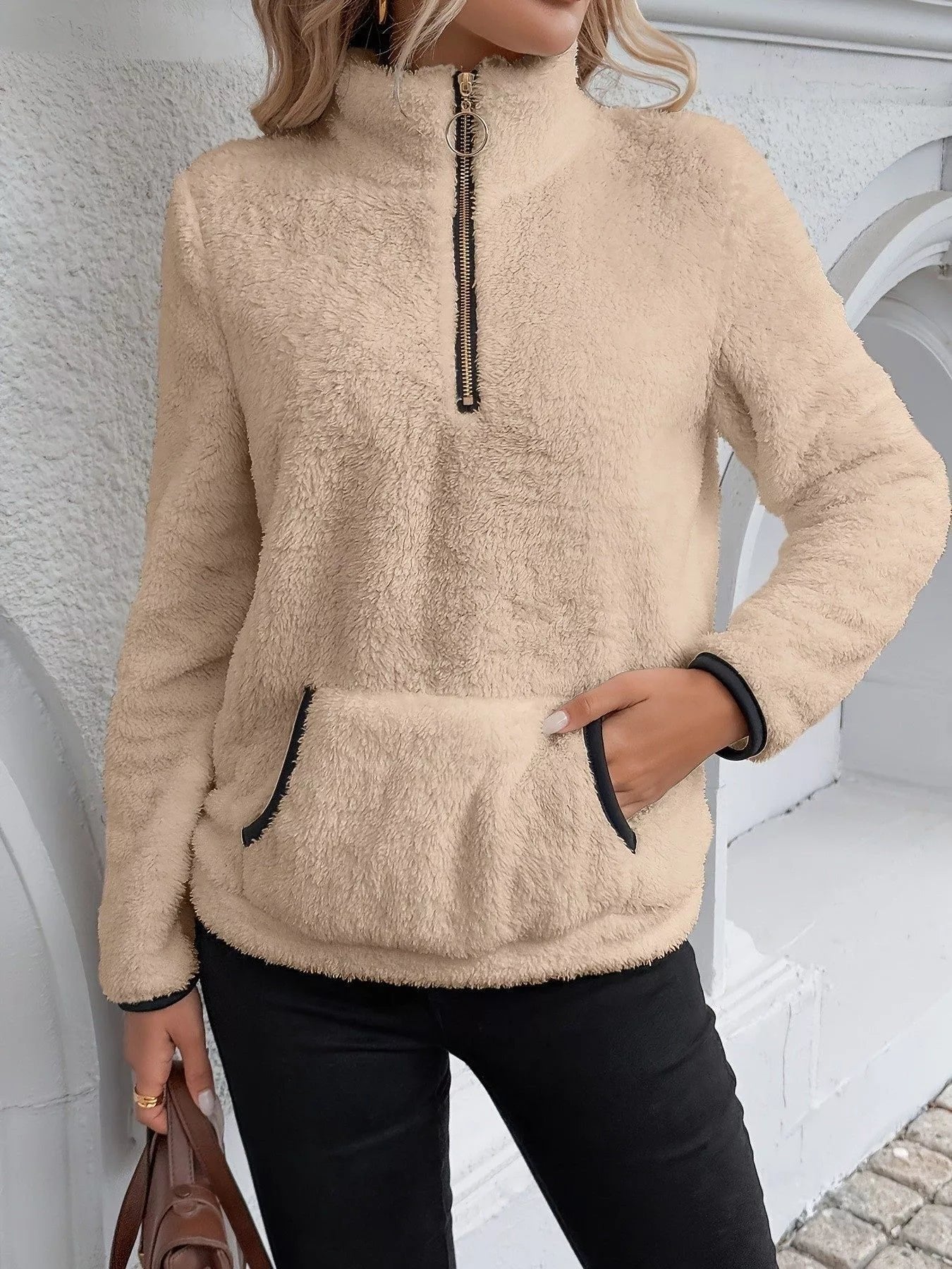 Women's Sherpa Fleece Quarter-Zip Jumper - Khaki