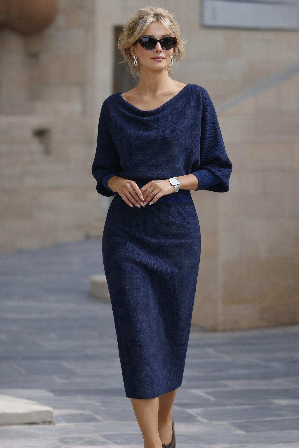 Women's Bodycon Knit Ribbed Midi Dress - Navy Blue