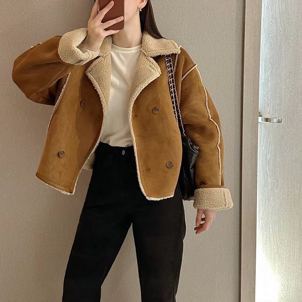 Women's Faux Shearling Cropped Jacket - Camel