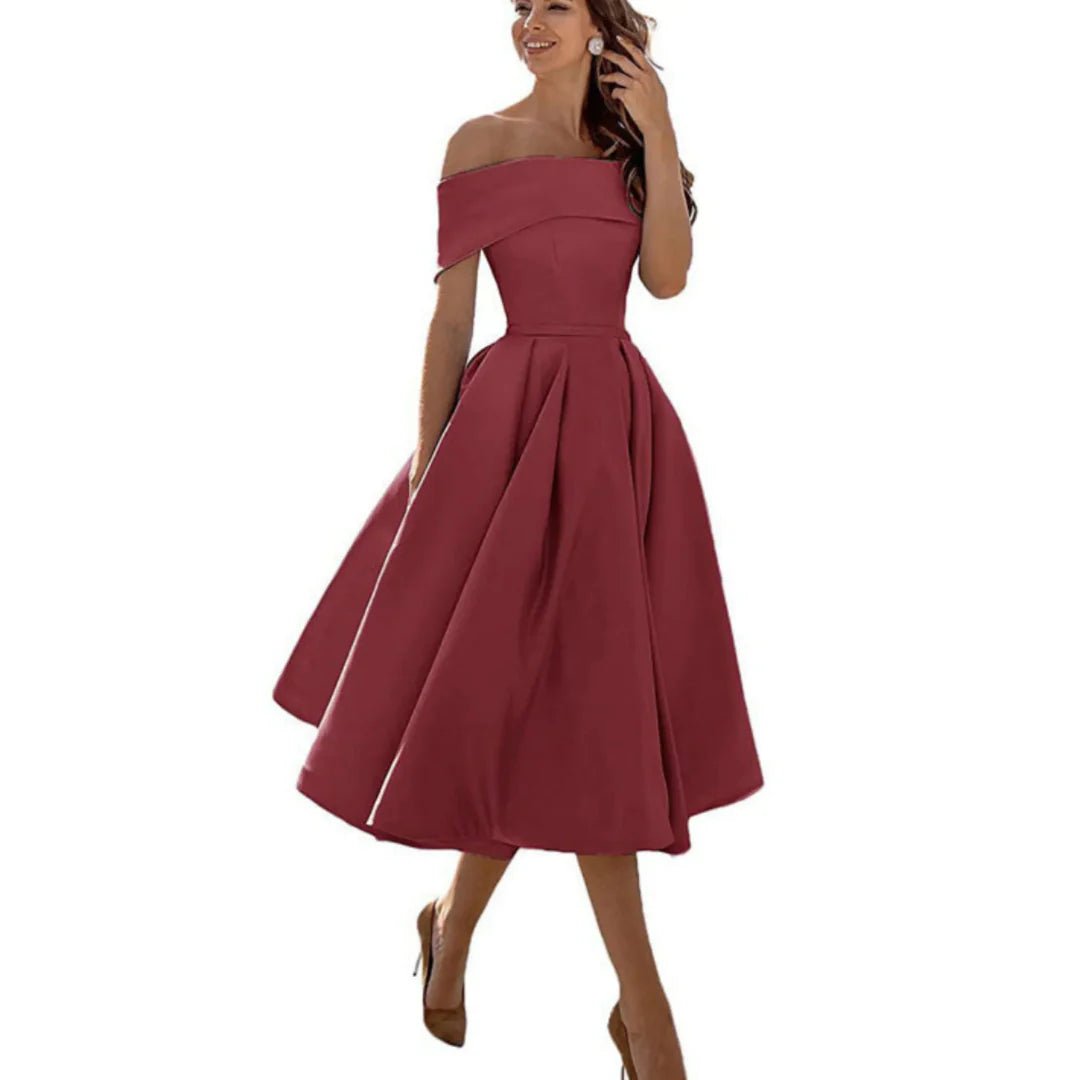 Women's Satin Off-Shoulder Midi Party Dress - Brown