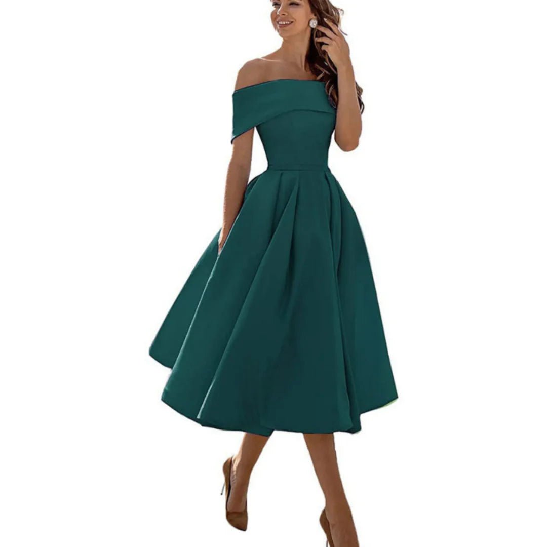 Women's Satin Off-Shoulder Midi Party Dress - Army Green