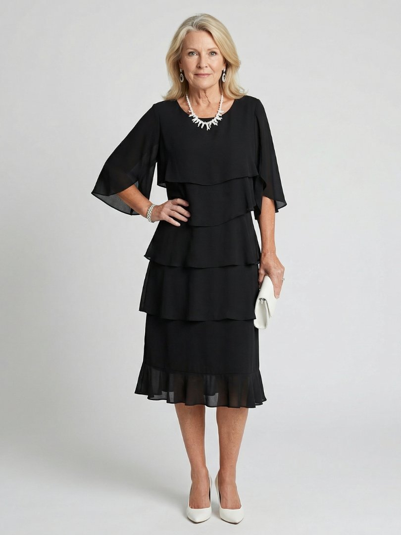 Women's Black Chiffon Tiered Midi Party Dress - Black