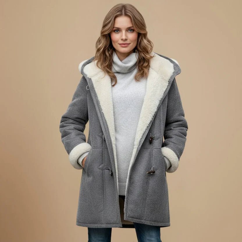 Women's Oversized Lined Duffle Hooded Shearling Coat - Gray