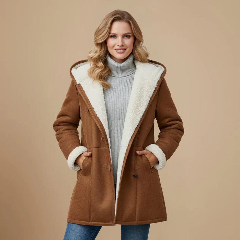 Women's Oversized Lined Duffle Hooded Shearling Coat - Brown