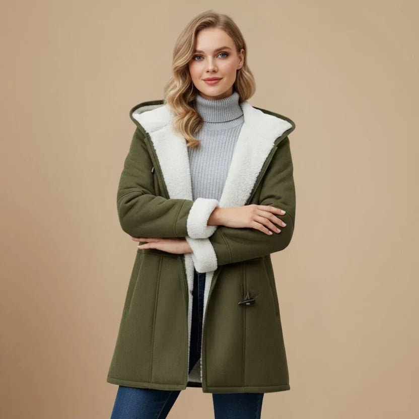 Women's Oversized Lined Duffle Hooded Shearling Coat - Green