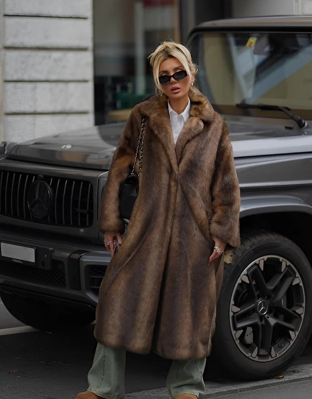 Women's Oversized Shawl-Collar Faux Fur Coat