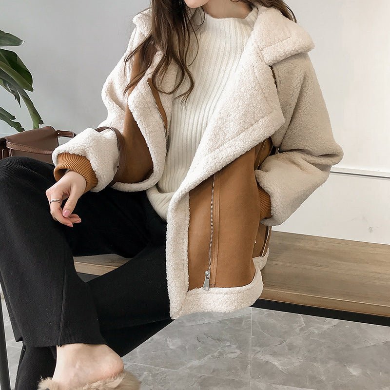 Women's Oversized Suede Moto Teddy Leather Jacket
