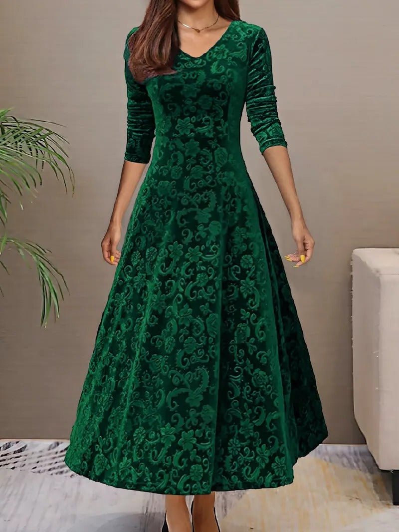 Women's V-Neck Velvet Midi Party Dress - Green