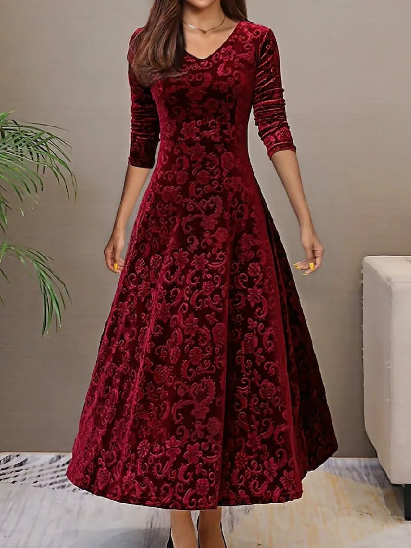 Women's V-Neck Velvet Midi Party Dress - Red
