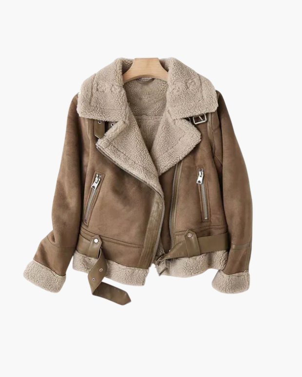 Women's Cropped Suede Aviator Belted Shearling Leather Jacket