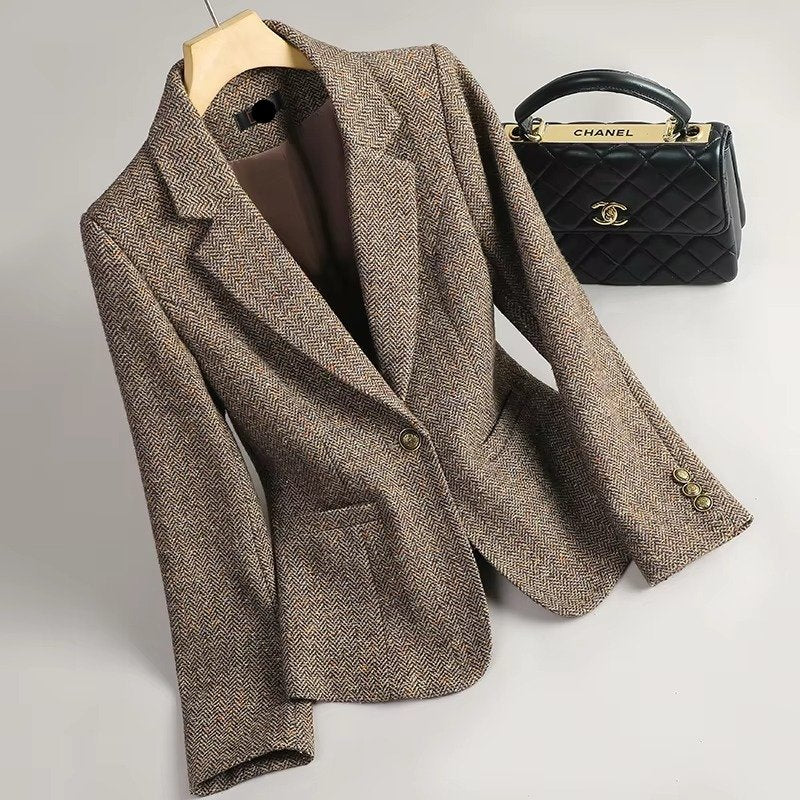 Women's Herringbone Wool Blazer - Khaki