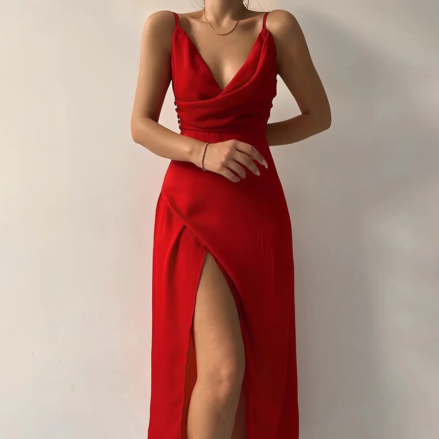 Women's Black Satin Maxi Party Slip Dress - Red