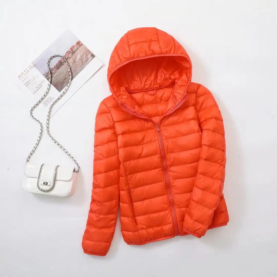 Women's Hooded Packable Puffer Jacket - Orange