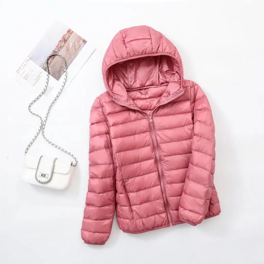 Women's Hooded Packable Puffer Jacket - Pink Leather