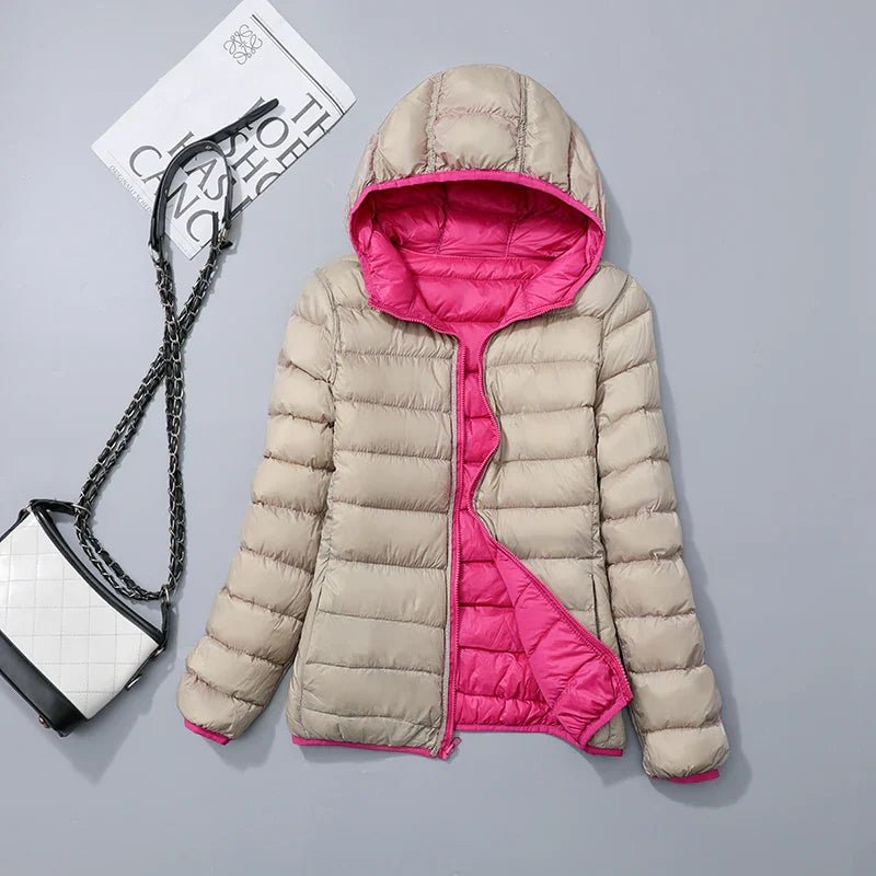 Women's Hooded Packable Puffer Jacket - Pink Khaki