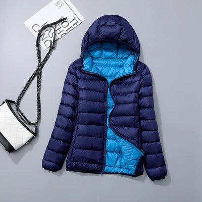 Women's Hooded Packable Puffer Jacket - Dark Blue Sea Blue