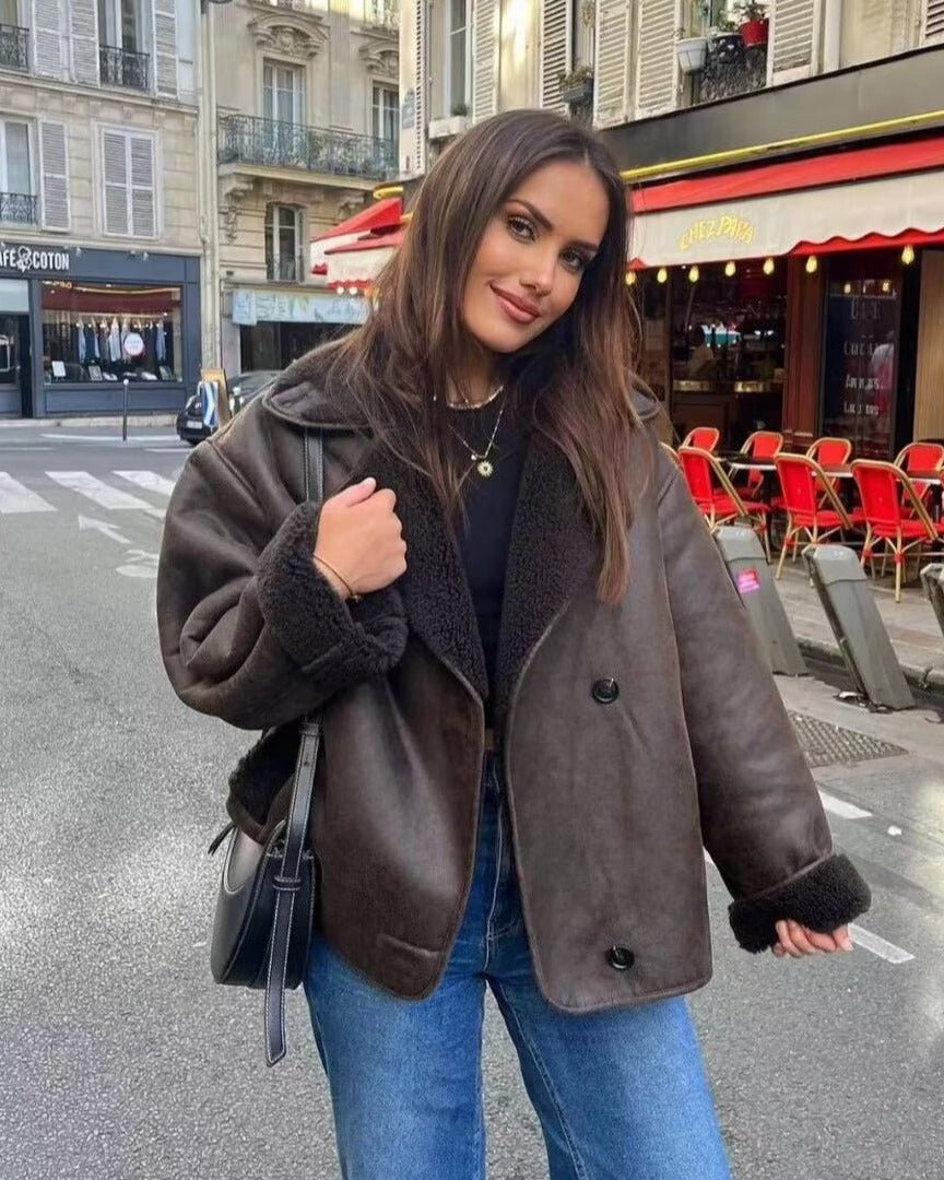 Women's Oversized Suede Moto Teddy Leather Jacket