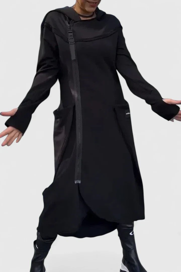 Women's Oversized Sweatshirt Hooded Longline Coat - Black