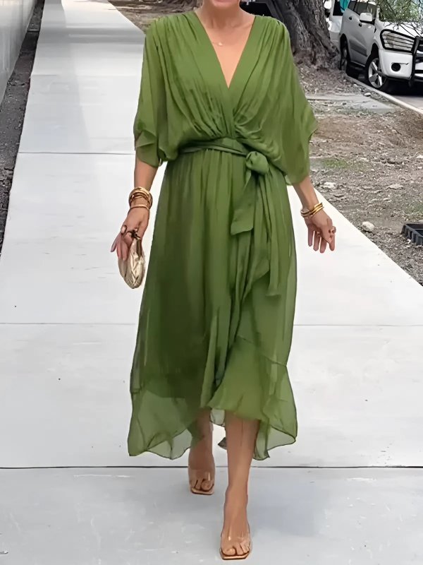 Women's Black V-Neck Chiffon Wrap Midi Dress - Green