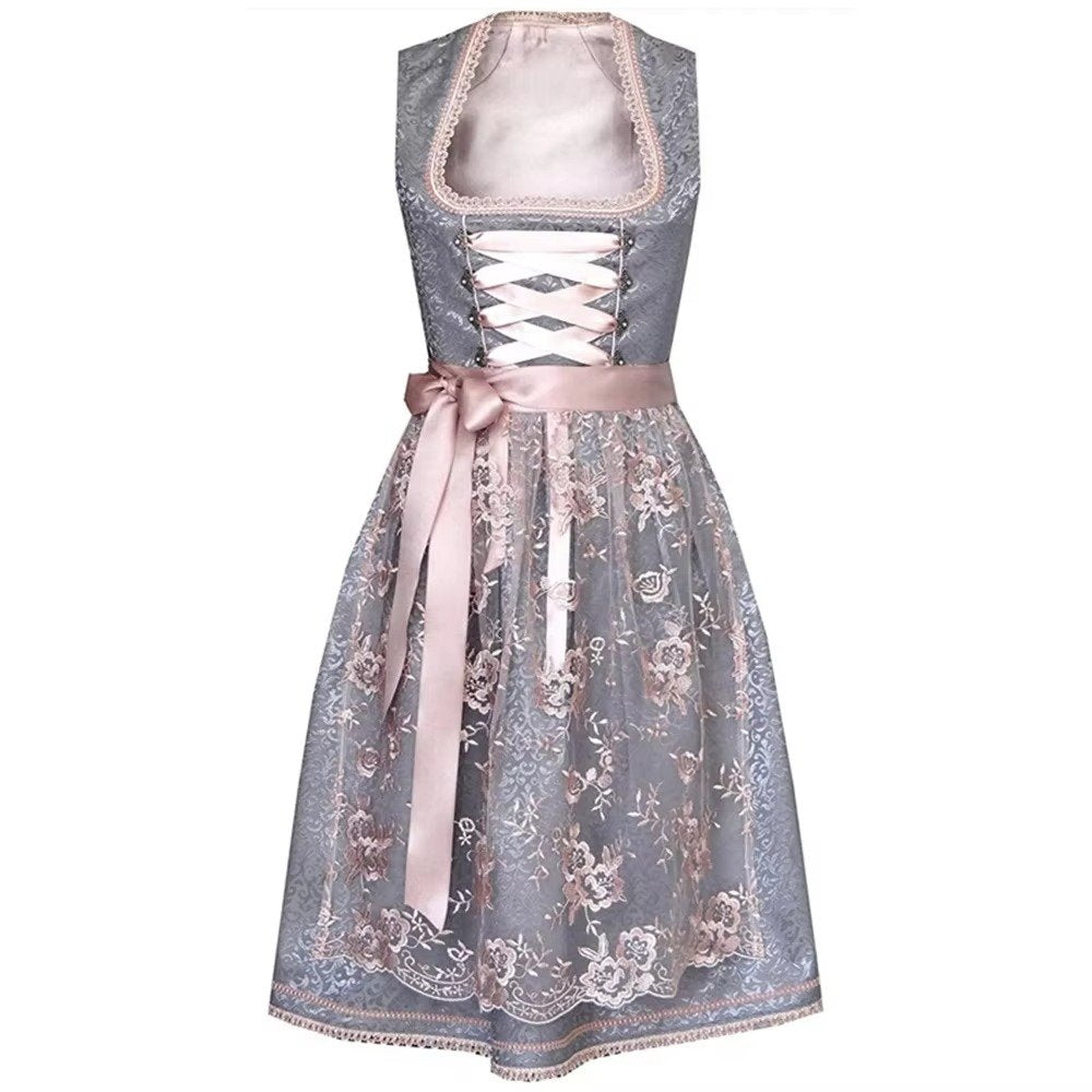 Women's Floral Square Neck Dirndl Satin Lace Party Dress - Gray