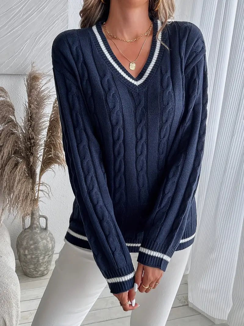 Women's Striped Cable Knit V-Neck Jumper