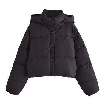 Women's Oversized Cropped Hooded Puffer Jacket - Black