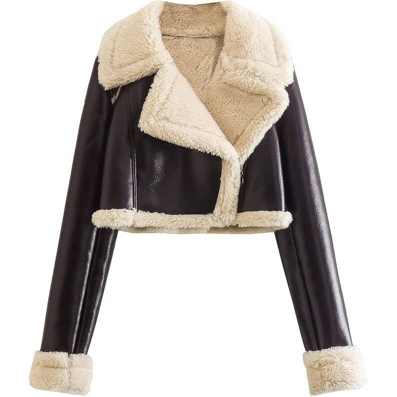 Women's Cropped Faux Leather Moto Shearling Jacket