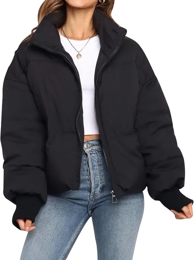 Women's Oversized Cropped Nylon Puffer Jacket - Black