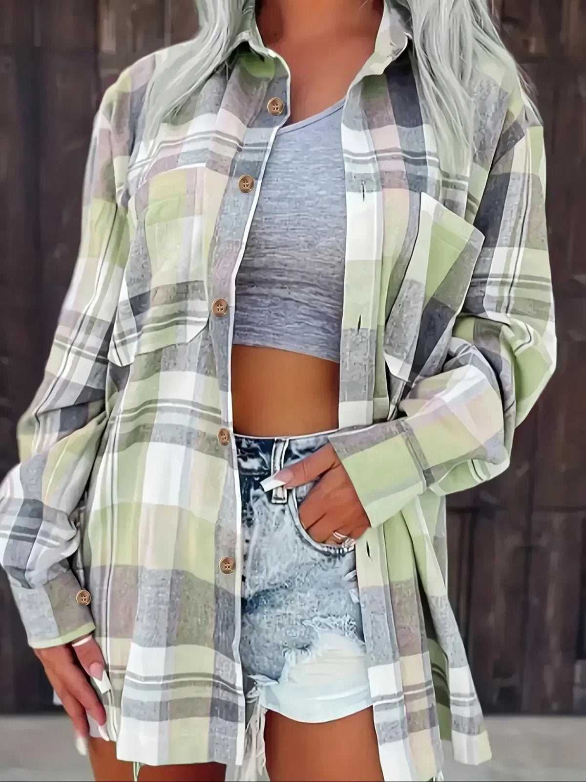 Women's Oversized Plaid Shacket - Green