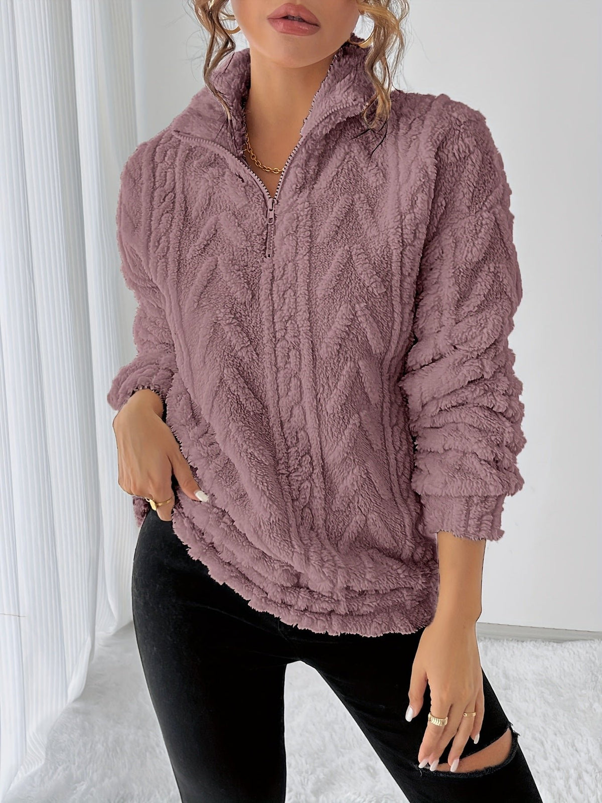 Women's Oversized Quarter-Zip Fleece Cable Knit Jumper - Light Purple