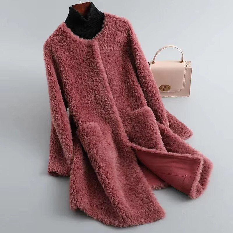Women's Straight Longline Teddy Coat - grape purple