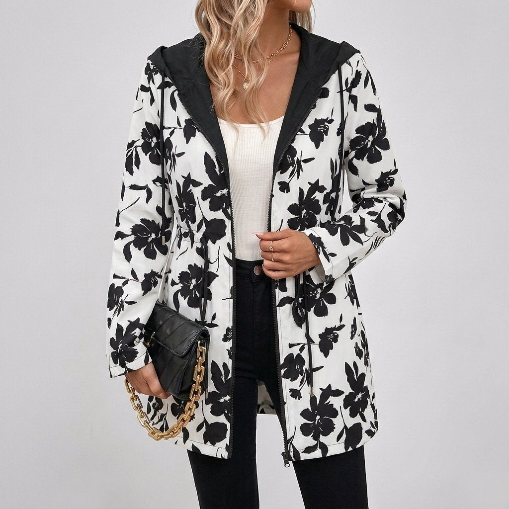 Women's Leopard-Lined Hooded Longline Jacket - White