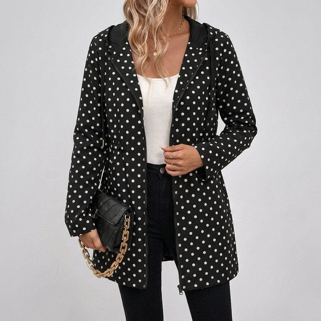 Women's Leopard-Lined Hooded Longline Jacket - Black polka