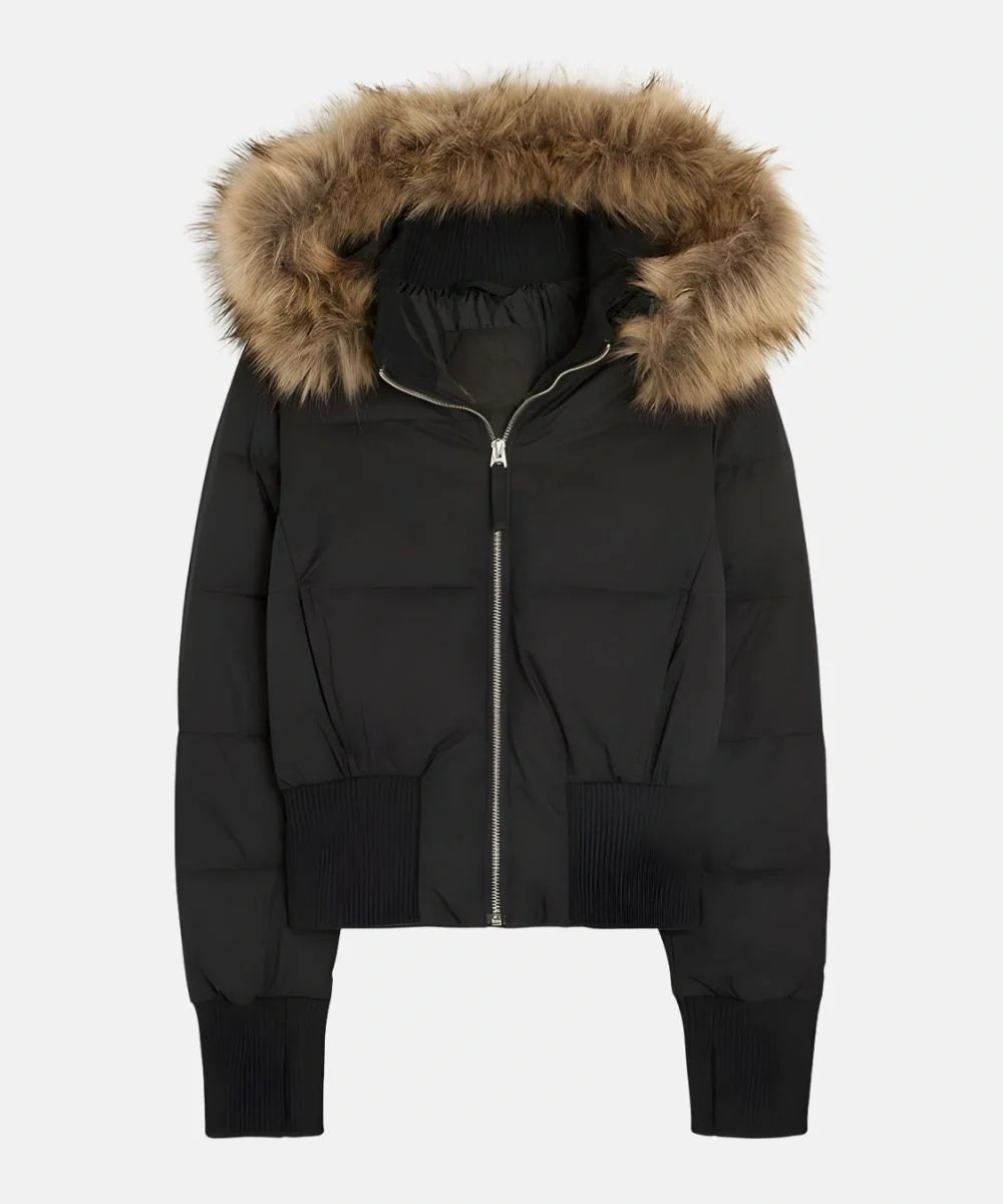 Women's Cropped Faux Fur Puffer Jacket - Black