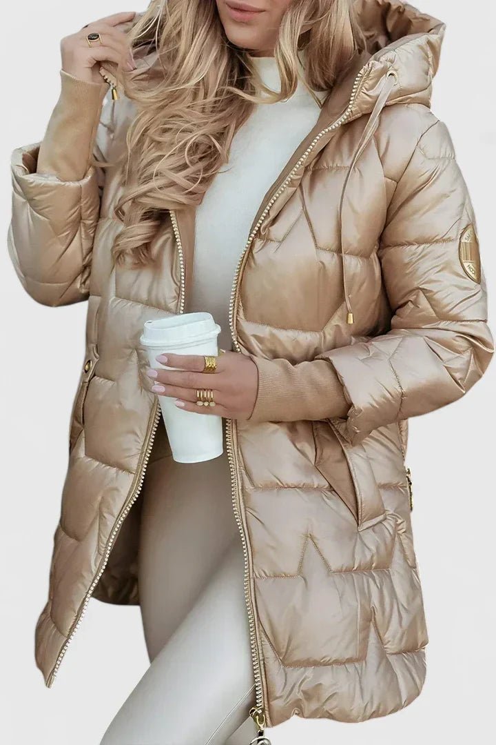 Women's Oversized Hooded Longline Puffer Coat - Beige