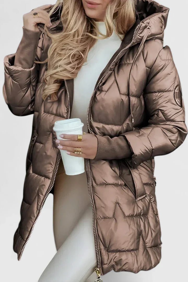 Women's Oversized Hooded Longline Puffer Coat - Dark Brown