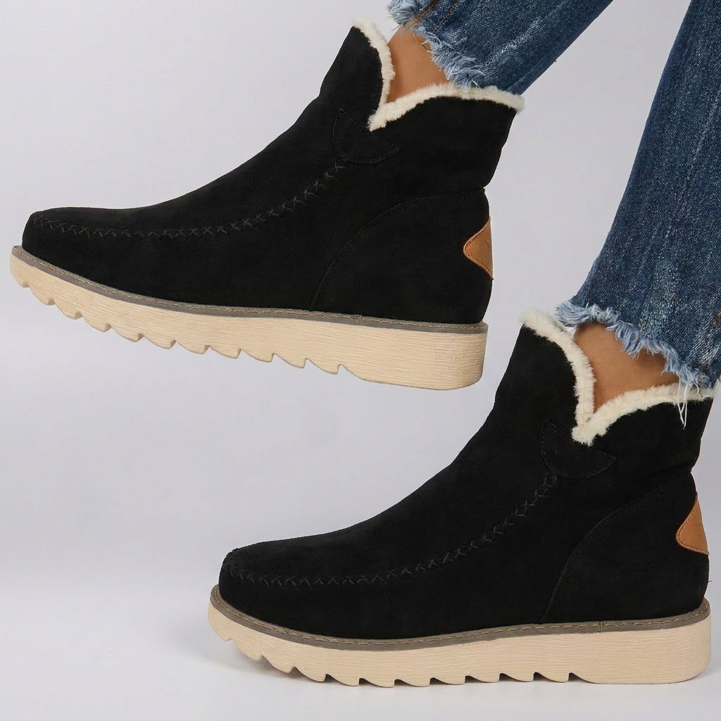 Women's Suede Platform Winter Ankle Boots - Black