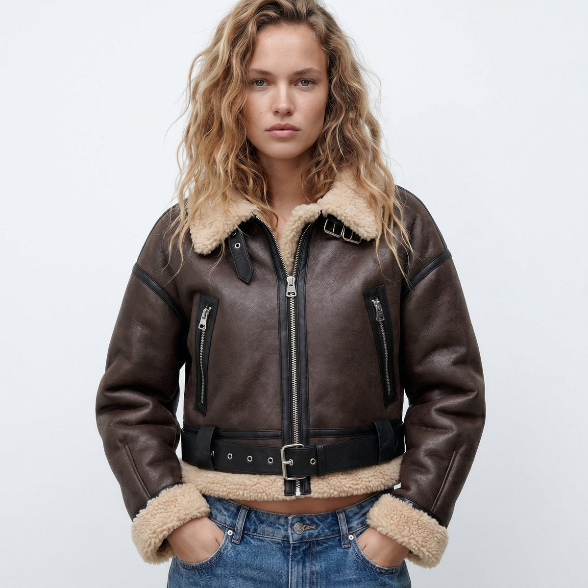Women's Cropped Faux Leather Aviator Belted Shearling Jacket - Brown