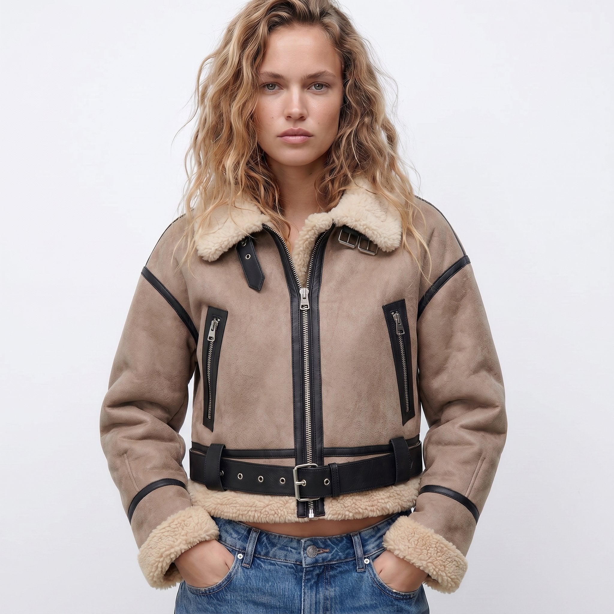 Women's Cropped Faux Leather Aviator Belted Shearling Jacket - Khaki