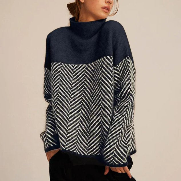 Women's Oversized Herringbone Roll Neck Jumper - Navy