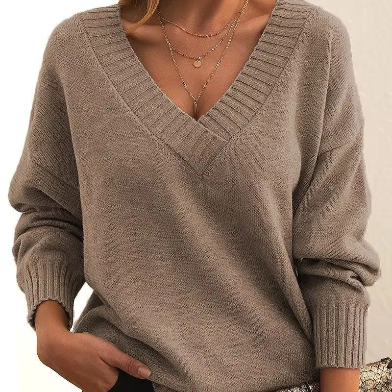 Women's Oversized V-Neck Knit Jumper - Khaki
