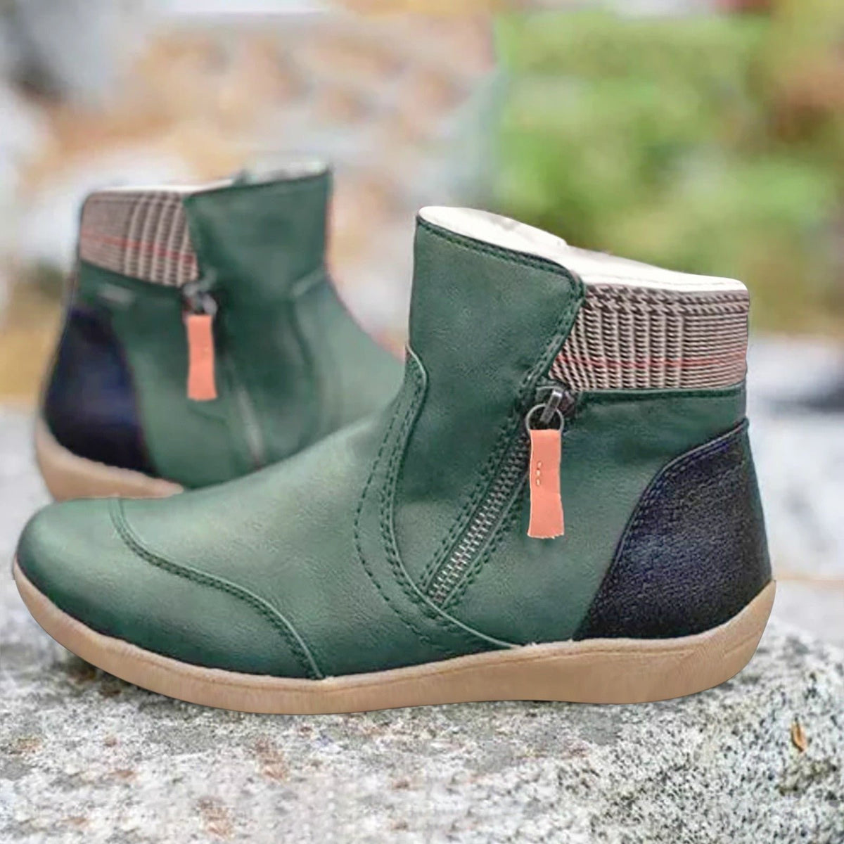 Women's Plaid Faux Leather Winter Ankle Boots - Green