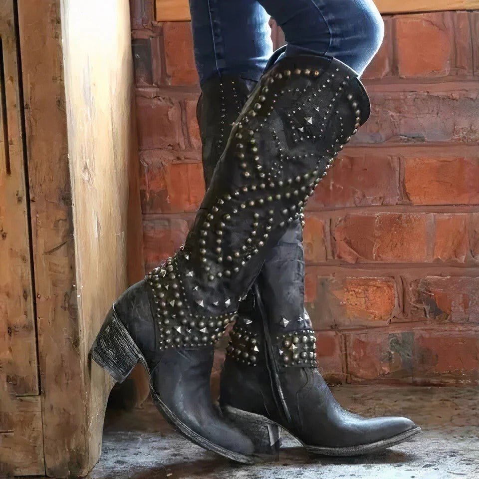 Women's Studded Western Cowboy Knee-High Boots - Black