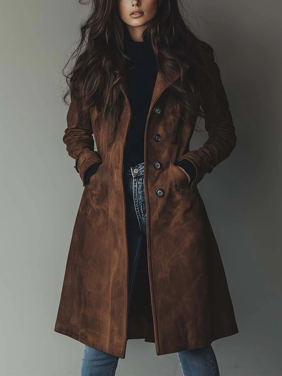 Women's Suede Longline Trench Coat - Brown