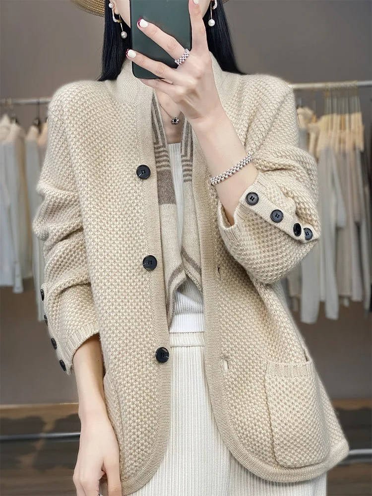 Women's Wool Waffle-Knit Jacket - Beige
