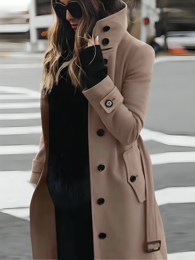 Women's Belted Longline Wool Trench Coat - Beige