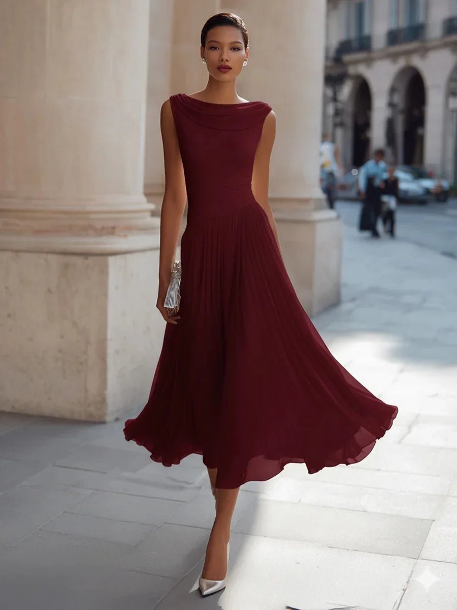 Women's Black Cocktail Chiffon Midi Party Dress - Red