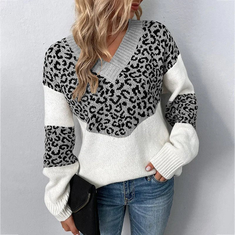 Women's Leopard Print V-Neck Jumper - Grey
